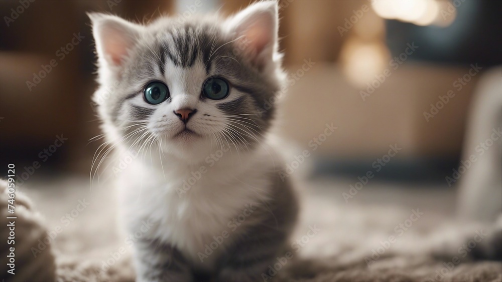 cat on the floor A perplexed gray and white kitten looking adorably confused  