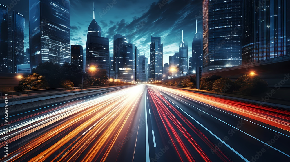 Naklejka premium Big city skyline and traffic lights blur motion, skyscrapers and highway light tracks during rush hour