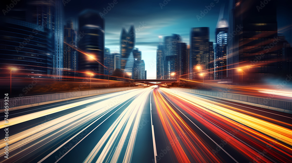 Big city skyline and traffic lights blur motion, skyscrapers and highway light tracks during rush hour Big city skyline and traffic lights blur motion, skyscrapers and highway light tracks during rush hour