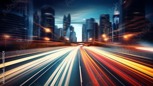 Big city skyline and traffic lights blur motion  skyscrapers and highway light tracks during rush hour