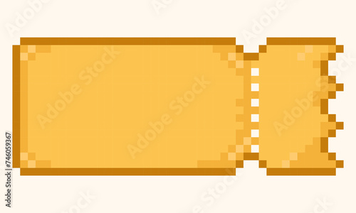 Discount pixel Coupon or Golden Ticket in retro 8-bit game style.Cinema, theater, concert, game, party. Bonus or discount gold ticket empty template. Vector illustration EPS10