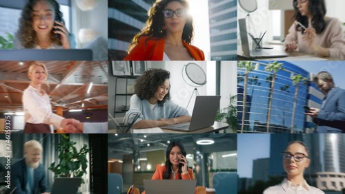 Zoom out collage of multiethnic business entrepreneur woman on video conference call. Diverse ethnic, race, age, gender group of Business people. Corporate manager using smartphone computer technology photo