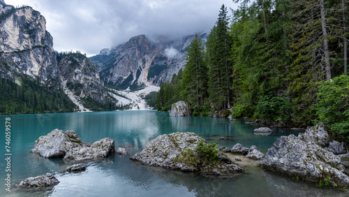 Fotografie The Pragser Wildsee, Lake Braies in the Prags Dolomites in South Tyrol, Italy