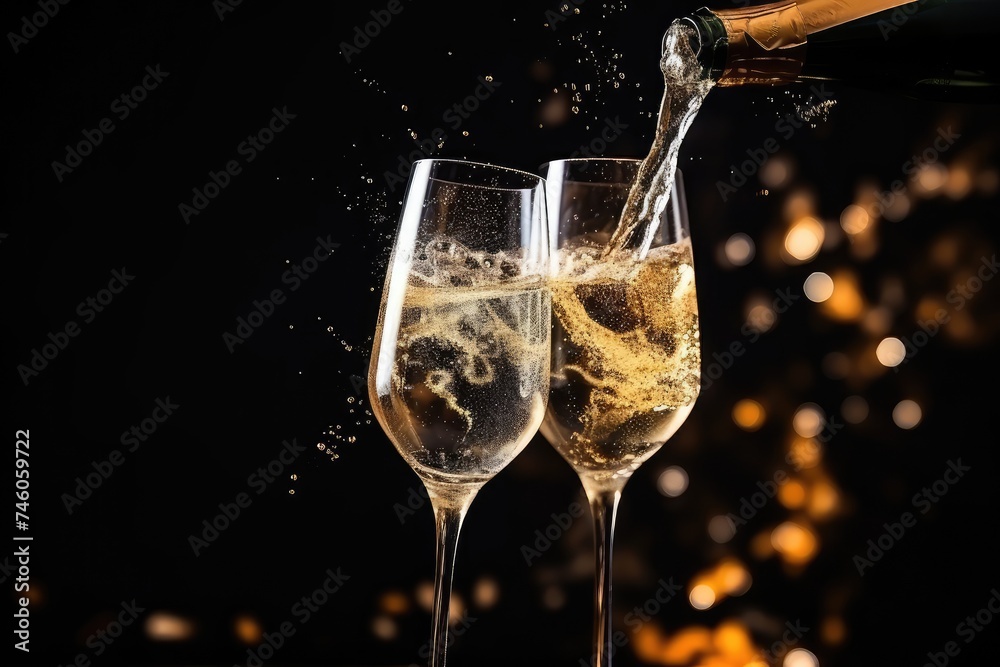 Toasting with Two Glasses of Champagne, New Years Lighting, Celebration Toast Sparkling Wine Glasses Toasting with Two Glasses of Champagne, New Years Lighting, Celebration Toast Sparkling Wine Glasses