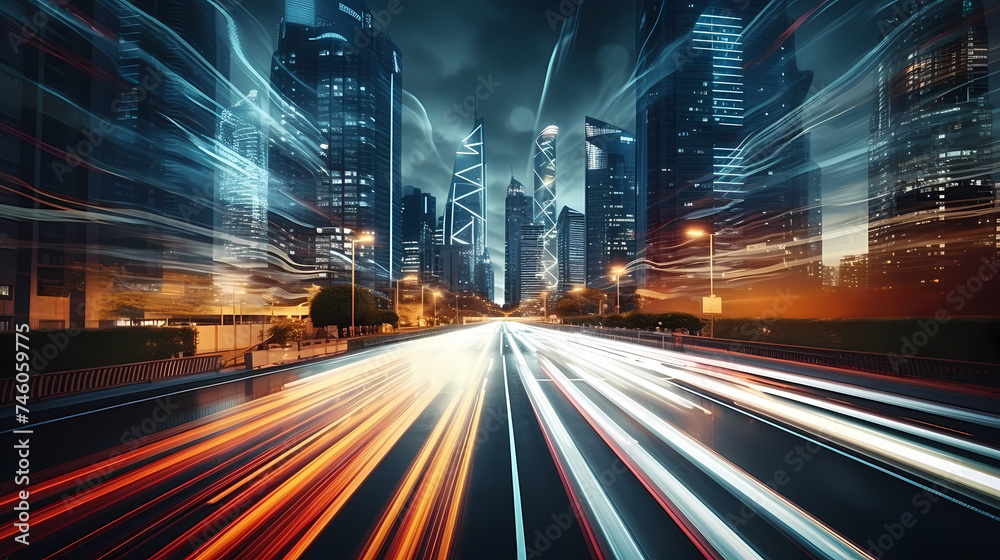 Big city skyline and traffic lights blur motion, skyscrapers and highway light tracks during rush hour Big city skyline and traffic lights blur motion, skyscrapers and highway light tracks during rush hour