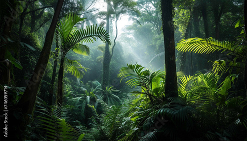 Tropical green rain forest with big trees and plants. Deep tropical jungles landscape background