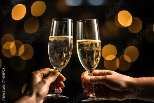 Toasting with Two Glasses of Champagne, New Years Lighting, Celebration Toast Sparkling Wine Glasses