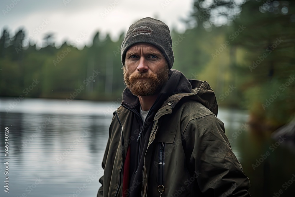 Fishing Man, Tough Bearded Man on the Northern Lake with Fishing Rods, Harsh Nature Fishing Man, Tough Bearded Man on the Northern Lake with Fishing Rods, Harsh Nature