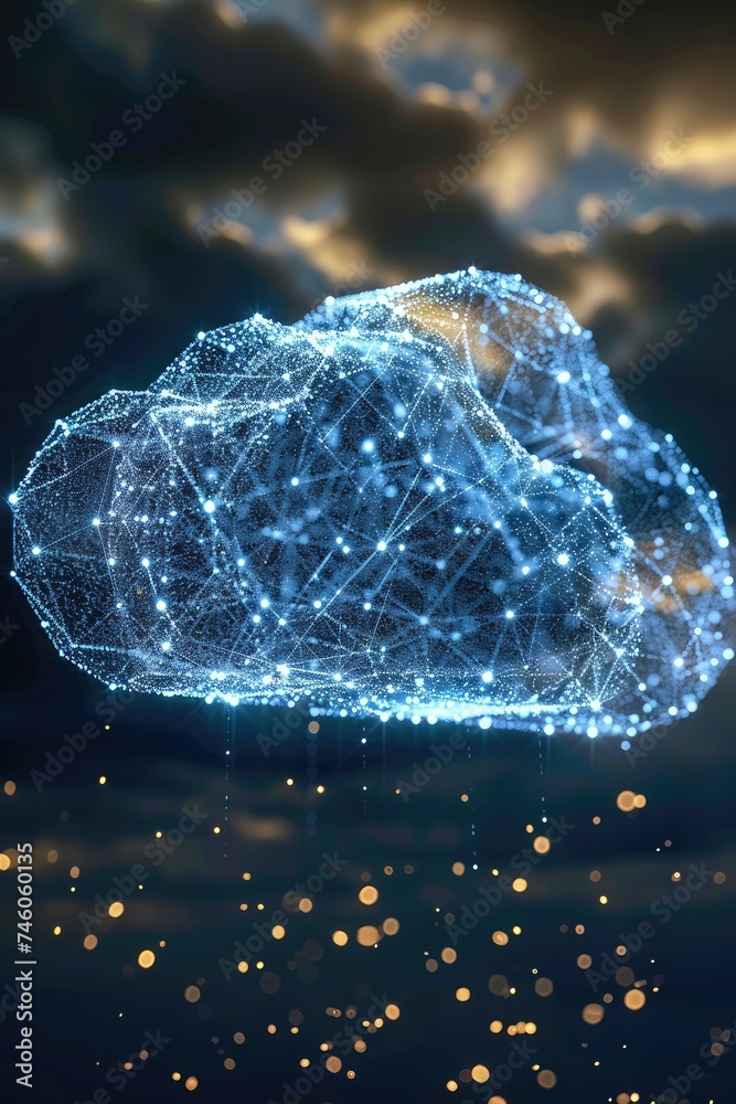 A conceptual digital artwork of a glowing blue cloud with sparkling rain. A conceptual digital artwork of a glowing blue cloud with sparkling rain.