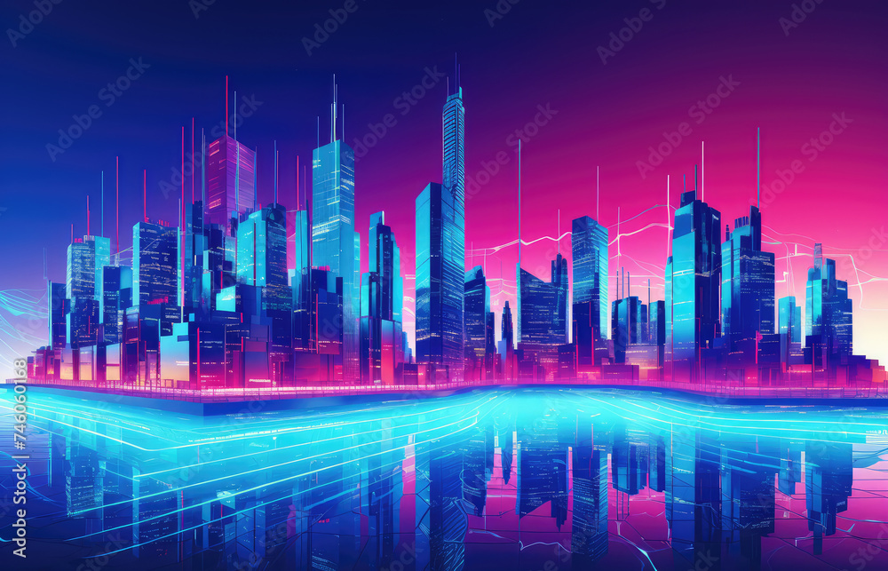 Neon Night City, Blue Synth Wave City-Line, Solid Violet Gradient Background, Copy Space, Banner