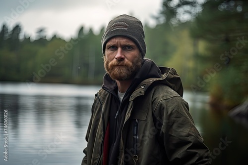 Fishing Man, Tough Bearded Man on the Northern Lake with Fishing Rods, Harsh Nature © artemstepanov