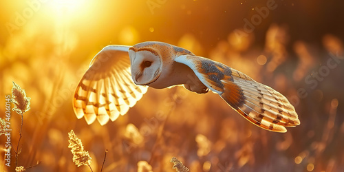 Hunting Barn Owl in flight. Flying bird tyto photo