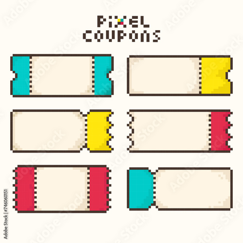 Set Discount pixel Coupons or Tickets in retro 8-bit game style.Cinema, theater, concert, game, party. Colorful Bonus or discount voucher empty template. Vector illustration EPS10