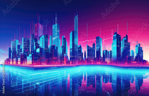Neon Night City  Blue Synth Wave City-Line  Solid Violet Gradient Background  Copy Space  Banner