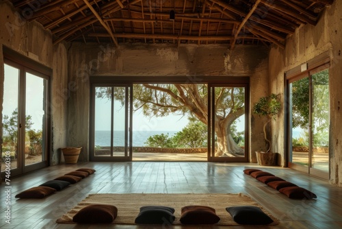 Tranquil yoga studio with ocean view - A serene yoga space with cushions lined up facing large windows that showcase a stunning ocean view and a beautiful tree