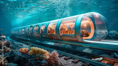 Underwater train tunnel with vibrant sealife - An underwater train tunnel offers a surreal travel experience surrounded by diverse marine life in a coral reef