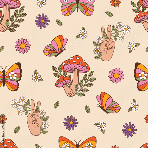 seamless pattern with mushrooms and butterflies