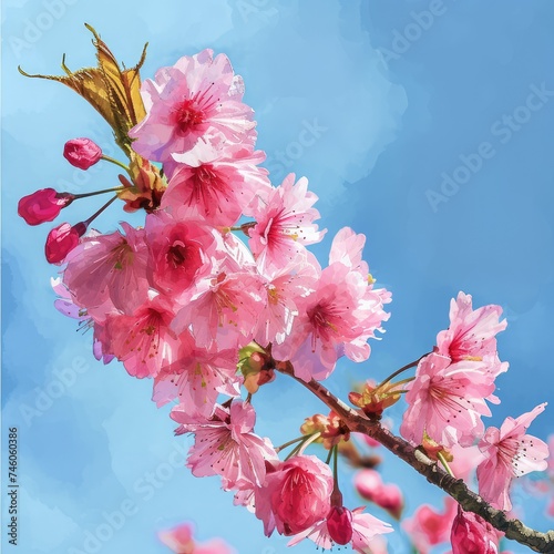 Pink Cherry Tree Blossoms  Japan Spring Garden  Blooming Sakura  Cherry Flowers on Blue Backgroundn