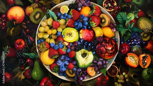 Vibrant bowl of mixed fruits on a dark table - An exquisite bowl overflowing with a colorful variety of fresh fruits set against a dark, moody background for contrast