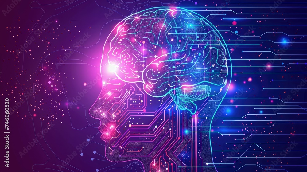 Digital brain concept with circuitry and neural network illustration. Digital brain concept with circuitry and neural network illustration.