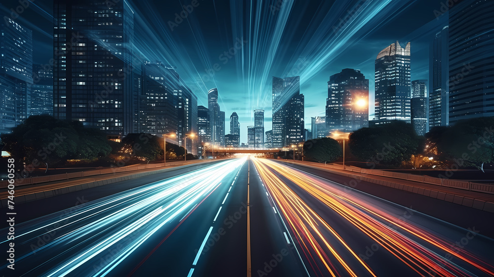 Big city skyline and traffic lights blur motion, skyscrapers and highway light tracks during rush hour Big city skyline and traffic lights blur motion, skyscrapers and highway light tracks during rush hour
