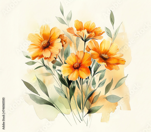 Pastel Watercolor Marigold Bouquet - Elegant Floral Art for Modern Home Decor