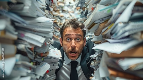 Surprised businessman between stacks of paperwork, looking at the camera.