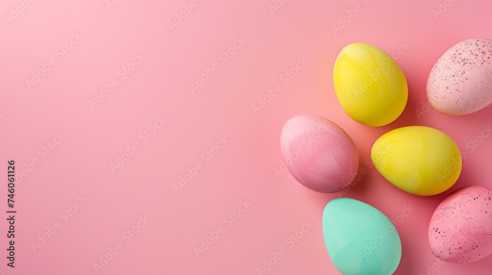 Easter decoration colorful eggs on pink background with copy space. Beautiful colorful easter eggs. Happy Easter. Isolated.