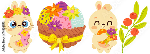 Fototapeta Naklejka Na Ścianę i Meble -  Happy Easter set with cute white bunny and eggs. Rabbit character set. Animal wildlife holidays cartoon. Vector illustration.