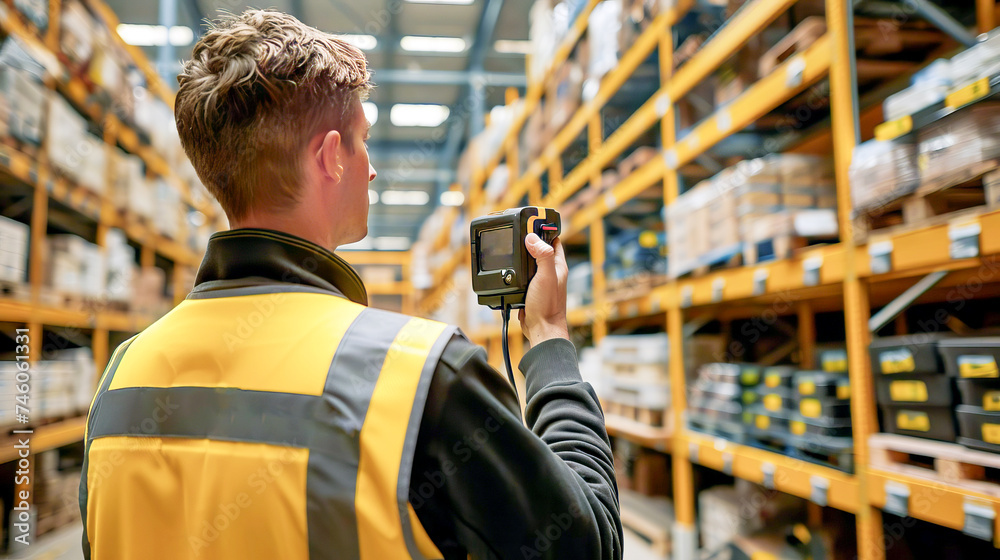 Warehouse worker in a yellow special vest in a room with shelving. Warehouse worker in a yellow special vest in a room with shelving.