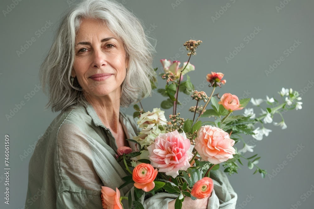 Beautiful happy senior grey-haired woman with bouquet of spring flowers against gray background with copy space. Happy Mother's Day. AI Generated Beautiful happy senior grey-haired woman with bouquet of spring flowers against gray background with copy space. Happy Mother's Day. AI Generated