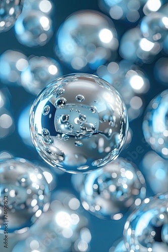Crystal clear bubble with smaller bubbles inside, on a bokeh blue backdrop.