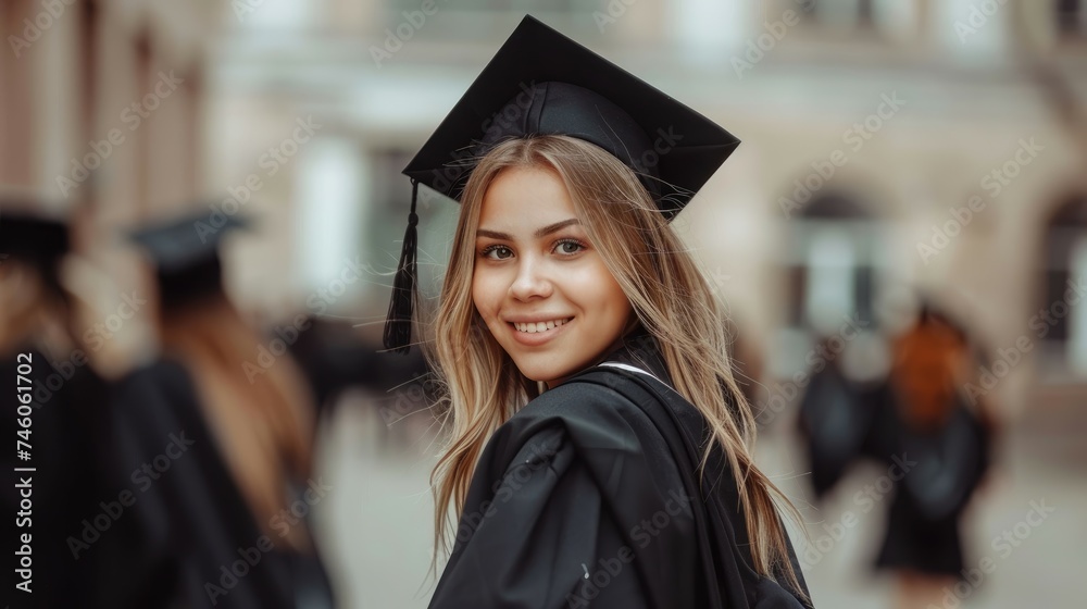 Smiling female graduate turning back on graduation day.