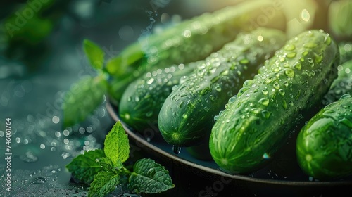 Wet cucumbers and mint on a moist dark surface with water drops.