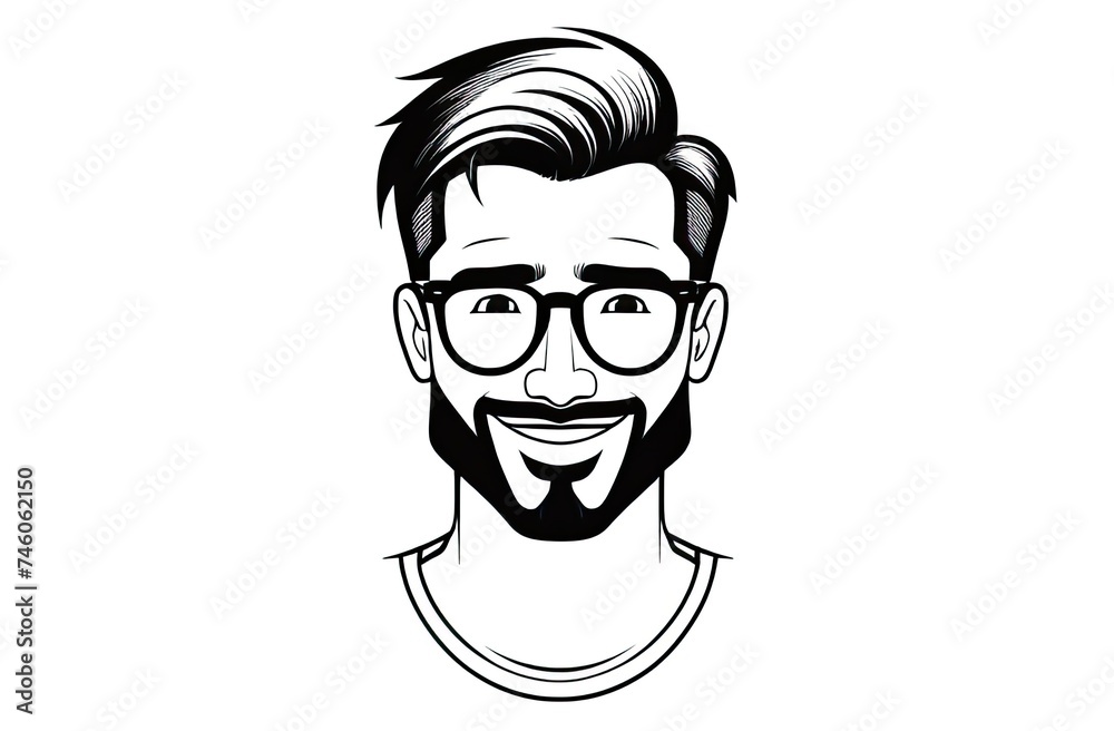 black outline on white background, face of a man in glasses and with mustache, logo, graphics, drawing