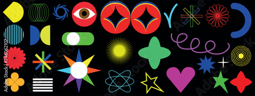 abstract stickers, stickers, flowers, eye, star, loop, blot, 90s style, Bauhaus style, geometric shapes
