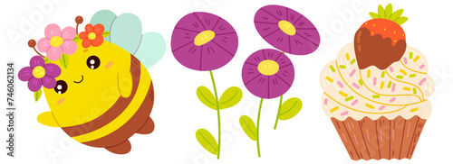 Spring set with a cute bee, flowers and delicious cupcake. Poster, card, scrapbooking, sticker kit. Hand drawn vector.