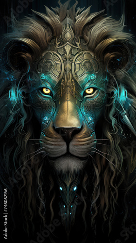 Head of a magical Lion on a dark background.