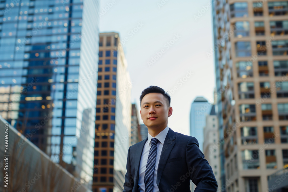 Young Asian Businessman in Suit Standing Before Urban Skyline: Corporate Success Concept Young Asian Businessman in Suit Standing Before Urban Skyline: Corporate Success Concept