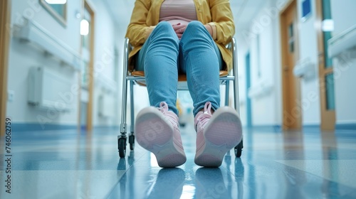 Person sitting in a wheelchair in a hospital corridor.