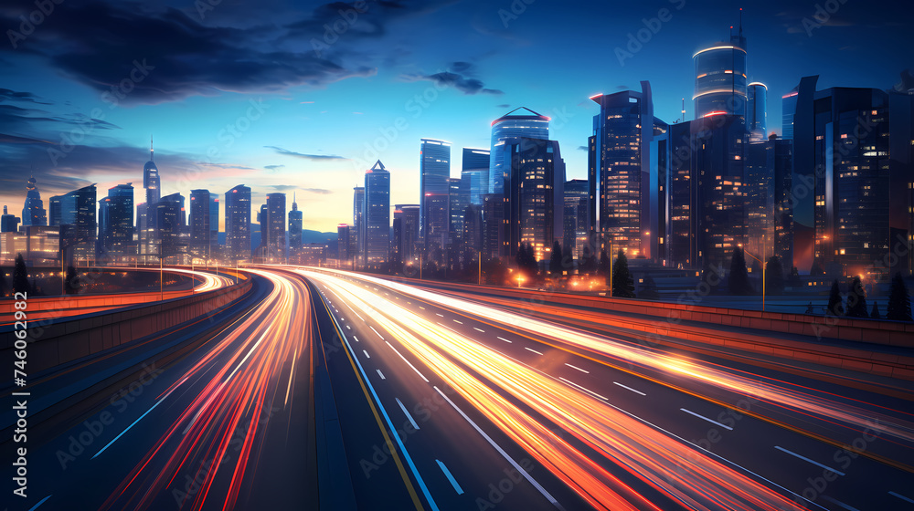 Fototapeta premium Big city skyline and traffic lights blur motion, skyscrapers and highway light tracks during rush hour