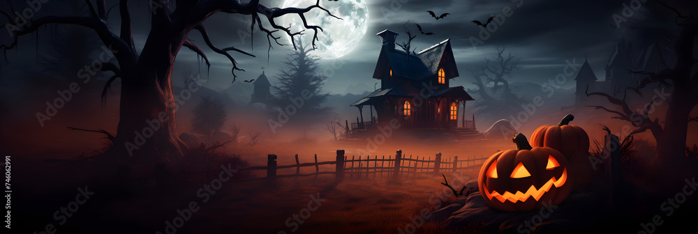 A Haunting Halloween Night: Creepy Trees, Foggy House, and Glowing Pumpkins Under the Full Moon