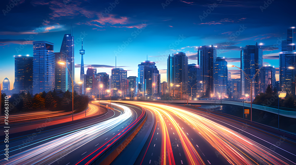 Big city skyline and traffic lights blur motion, skyscrapers and highway light tracks during rush hour