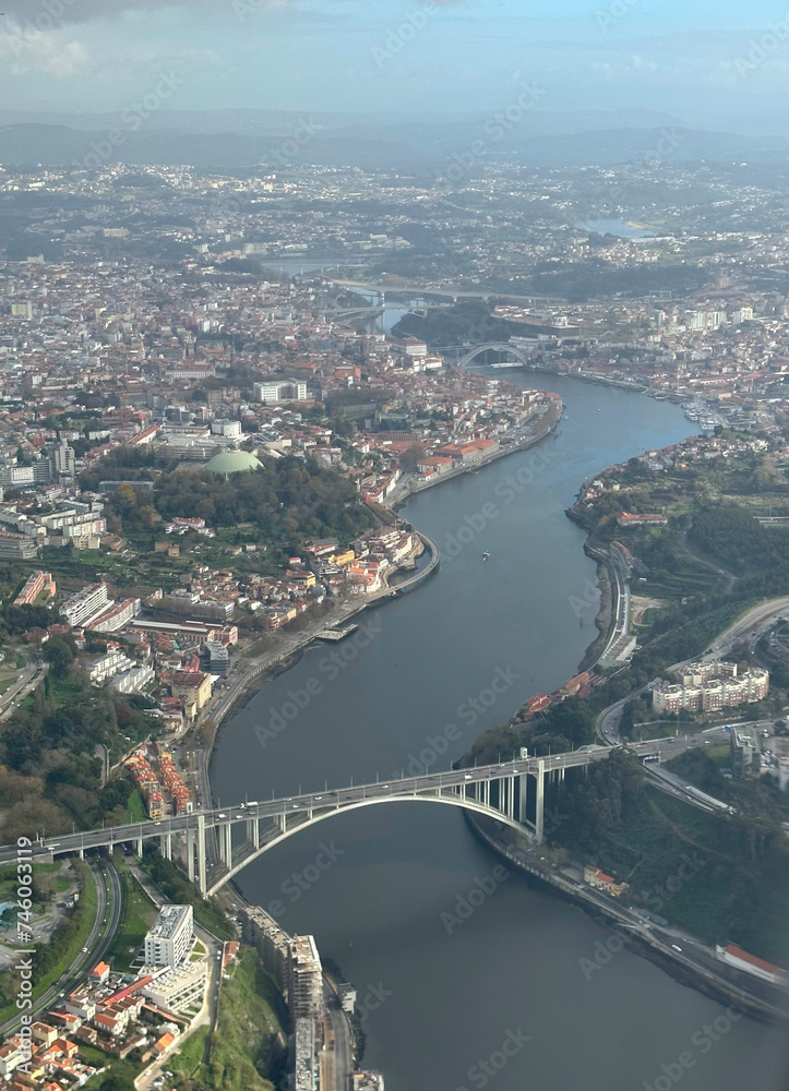 Aerial view of the city Porto and river Douro with Arrábida Bridge, Porto, Portugal - November 2022