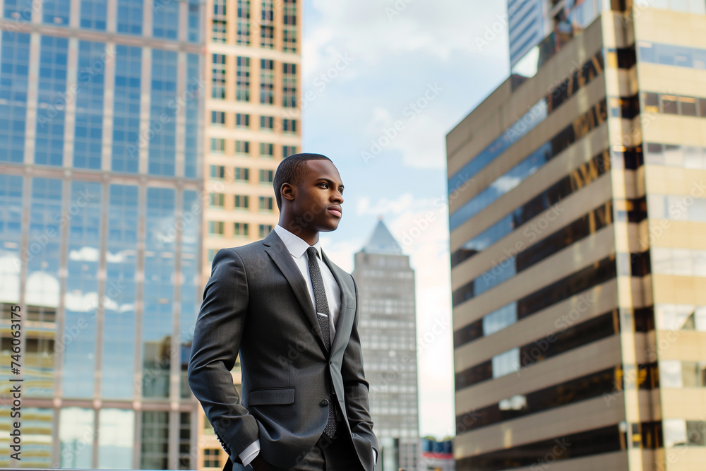 Young Black African American Businessman in Suit Standing Before Urban Skyline: Corporate Success Concept Young Black African American Businessman in Suit Standing Before Urban Skyline: Corporate Success Concept