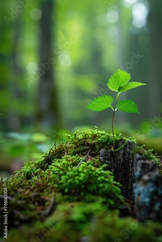 Young sapling growing on a moss-covered forest floor with sunlight.