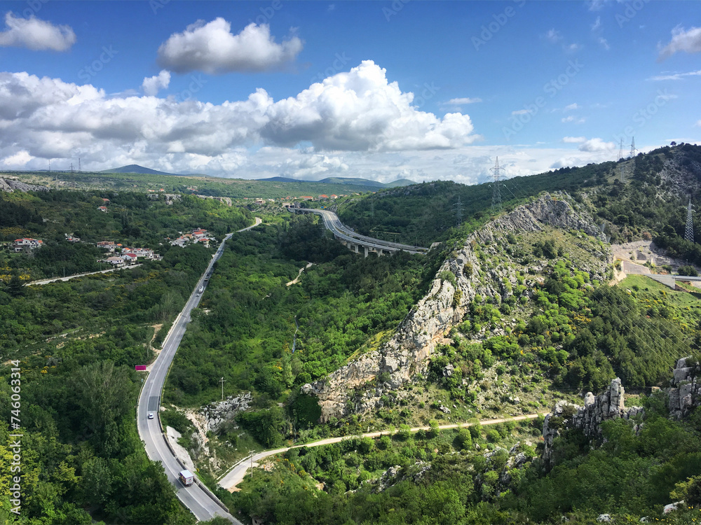 View from the Klis castle to the surrounding mountains and roads, Croatia, May 2019