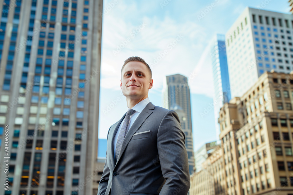 Young Businessman in Suit Standing Before Urban Skyline: Corporate Success Concept Young Businessman in Suit Standing Before Urban Skyline: Corporate Success Concept