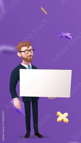 3D animation of an businessman showing cards on a social media page. Vertical video.