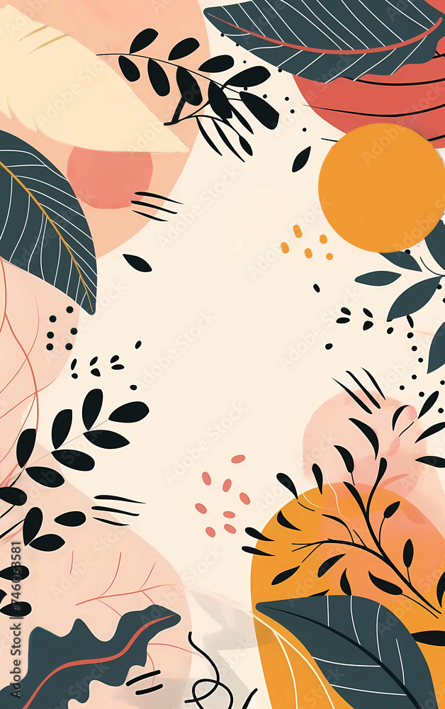 Trendy abstract art template composition with floral and geometric elements flat background with copy space